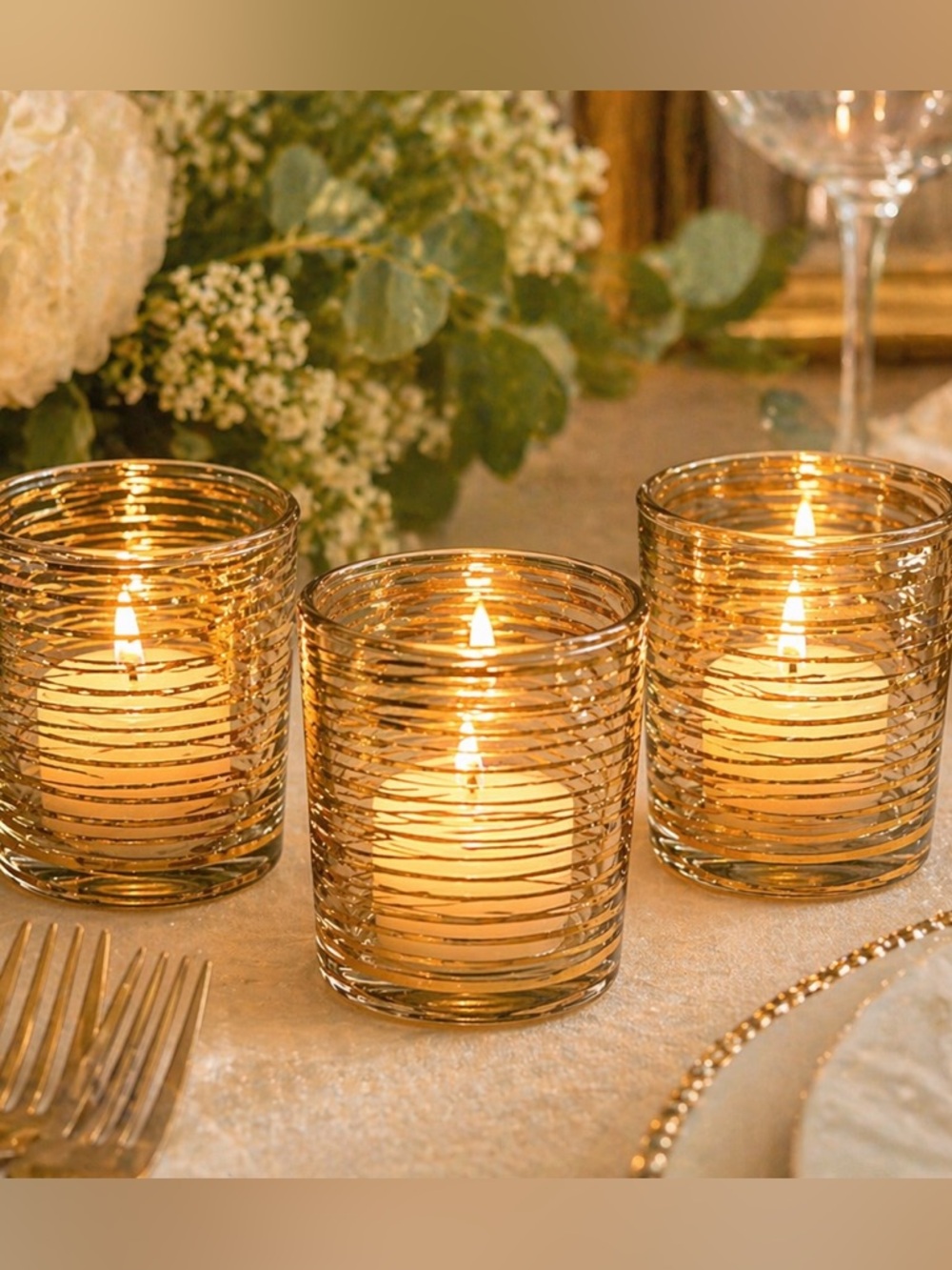 Set of 3 Gold Ring Glass Votive Candle Holders Elegant Wedding Table Decor New